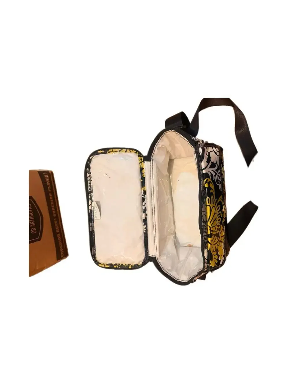 Vera Bradley Black Yellow Floral PVC Laminated Crossbody Lunch Bag